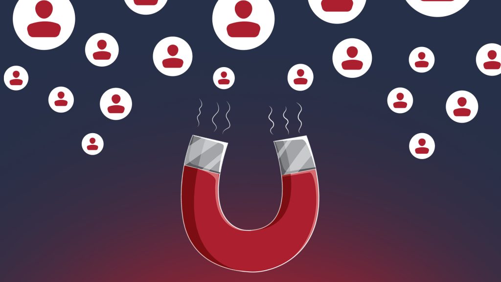 A red horseshoe magnet attracting multiple user icons, symbolizing customer retention or user acquisition in a marketing context.